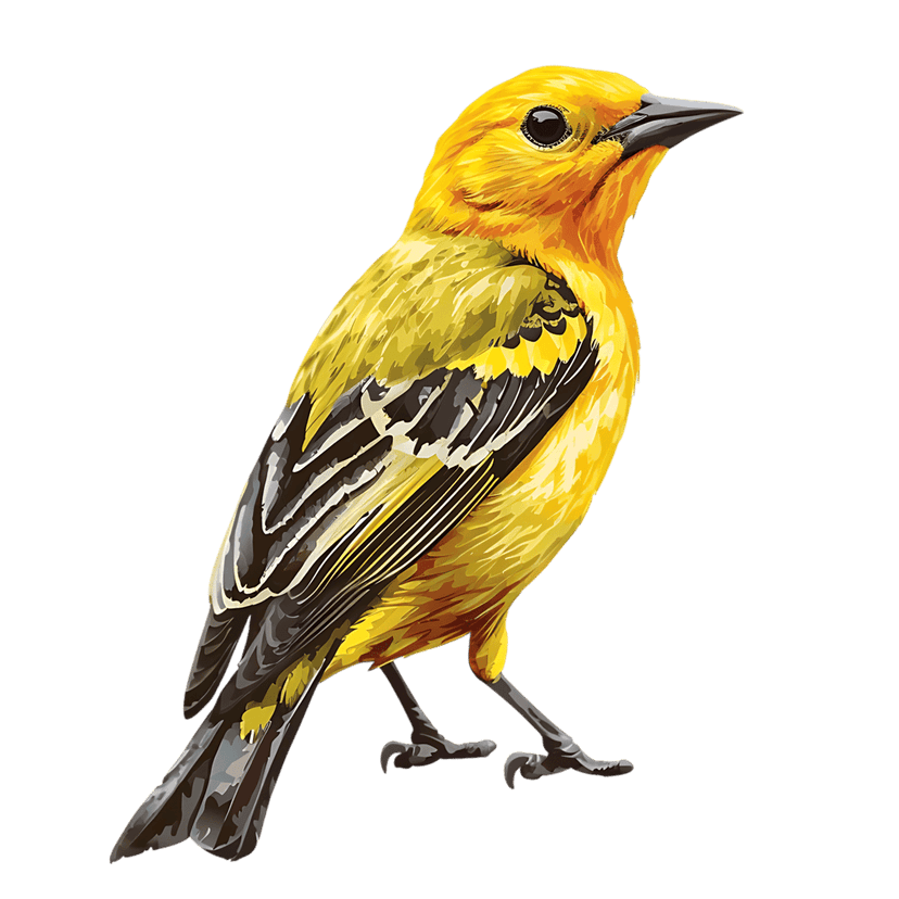Vibrant yellow bird illustration features detailed feathers and a sharp beak positioned on a black background.
