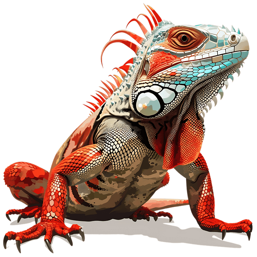 Red blue iguana macro shows detailed scales and sharp claws against a dark background in a profile view.
