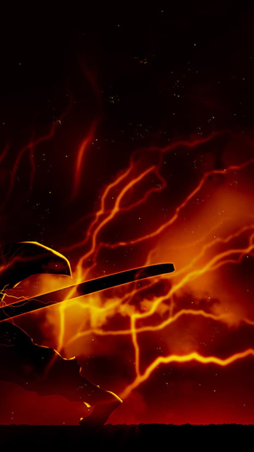Silhouetted warrior holding a glowing sword amidst swirling orange flames and starlight in deep space.