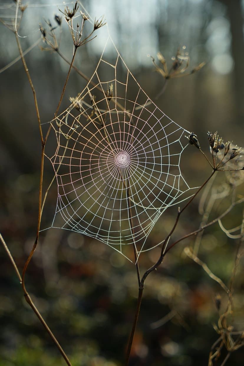 Spider web covered in morning dew drops against a blurred green background, captured in soft golden hour light.
