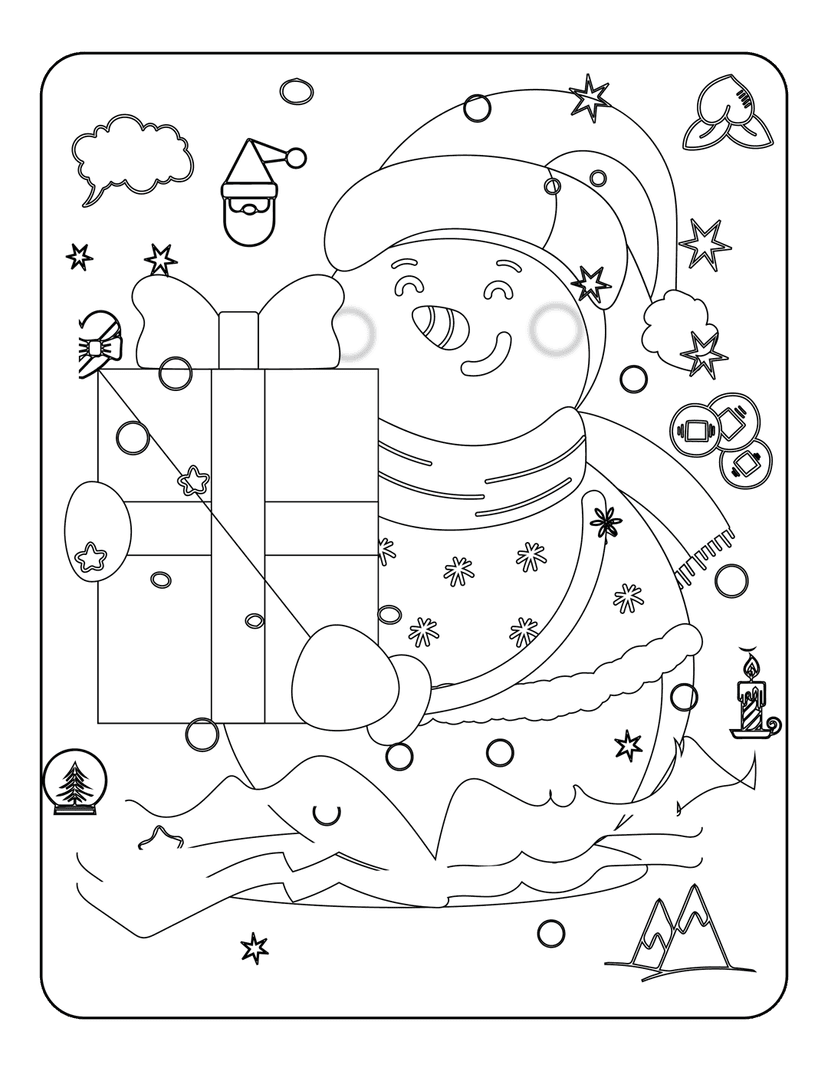 Snowman coloring page outline featuring a scarf, Santa hat, gift box, snowflakes, and a festive snow globe scene.