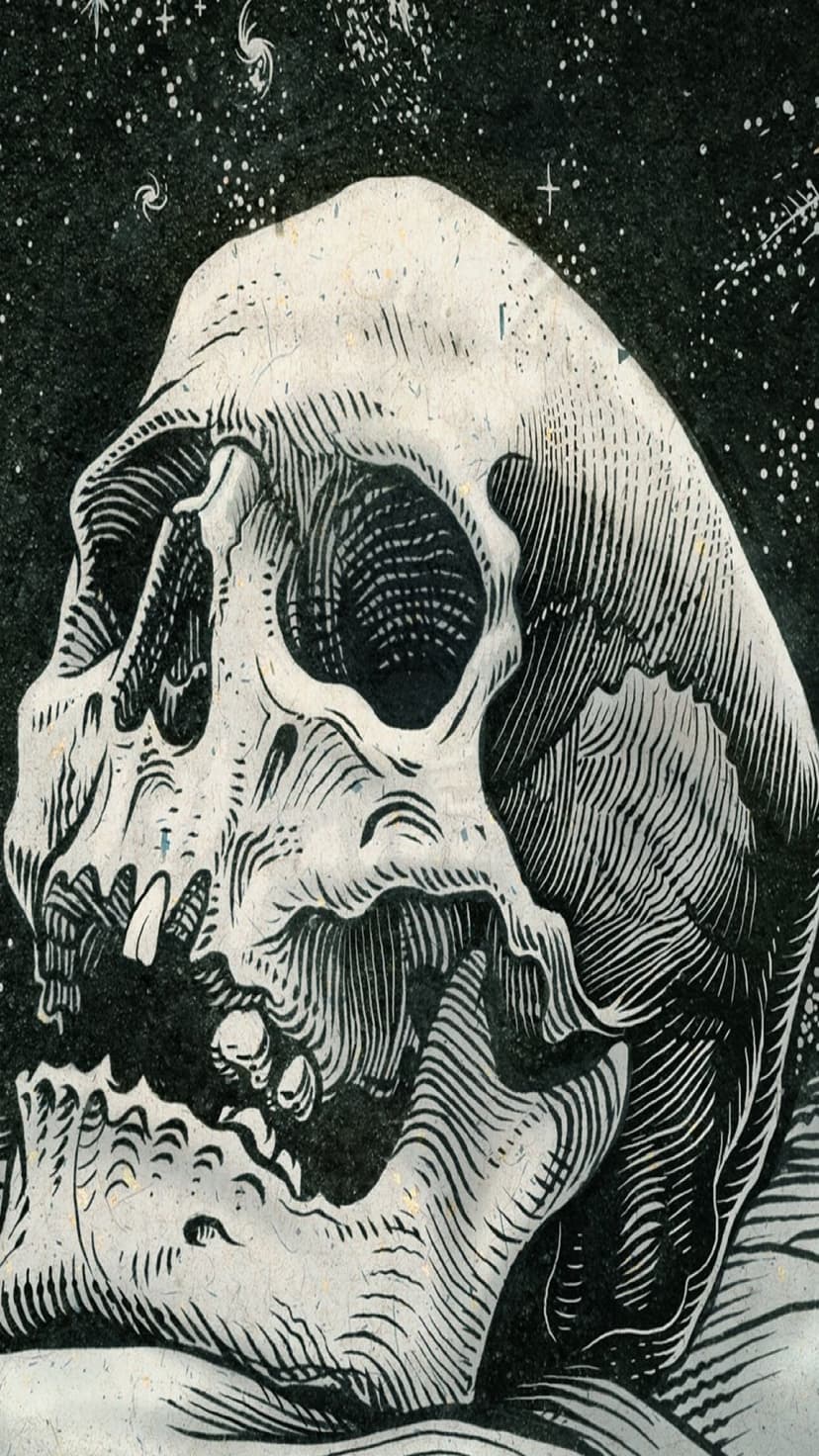 Detailed human skull centered against a swirling backdrop of white stars and cosmic clouds on a black field.
