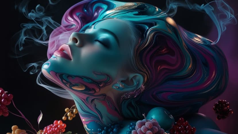 A woman with closed eyes features teal and purple swirling skin patterns surrounded by mist and berries.