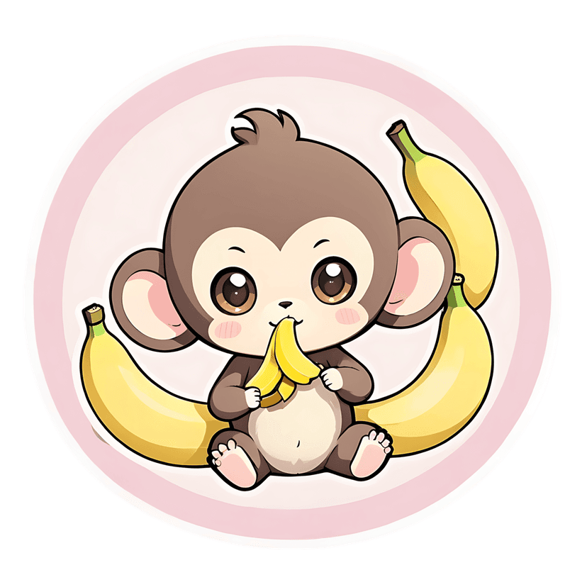 Brown baby monkey sticker holding a yellow banana inside a pink striped circle with glossy black outlines.