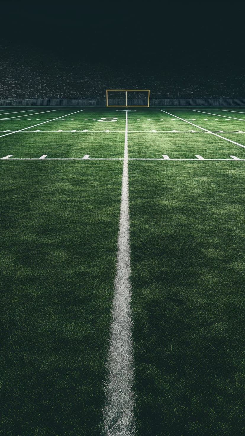 Empty football field at night illuminated by bright stadium lights with goalposts standing in the distance.