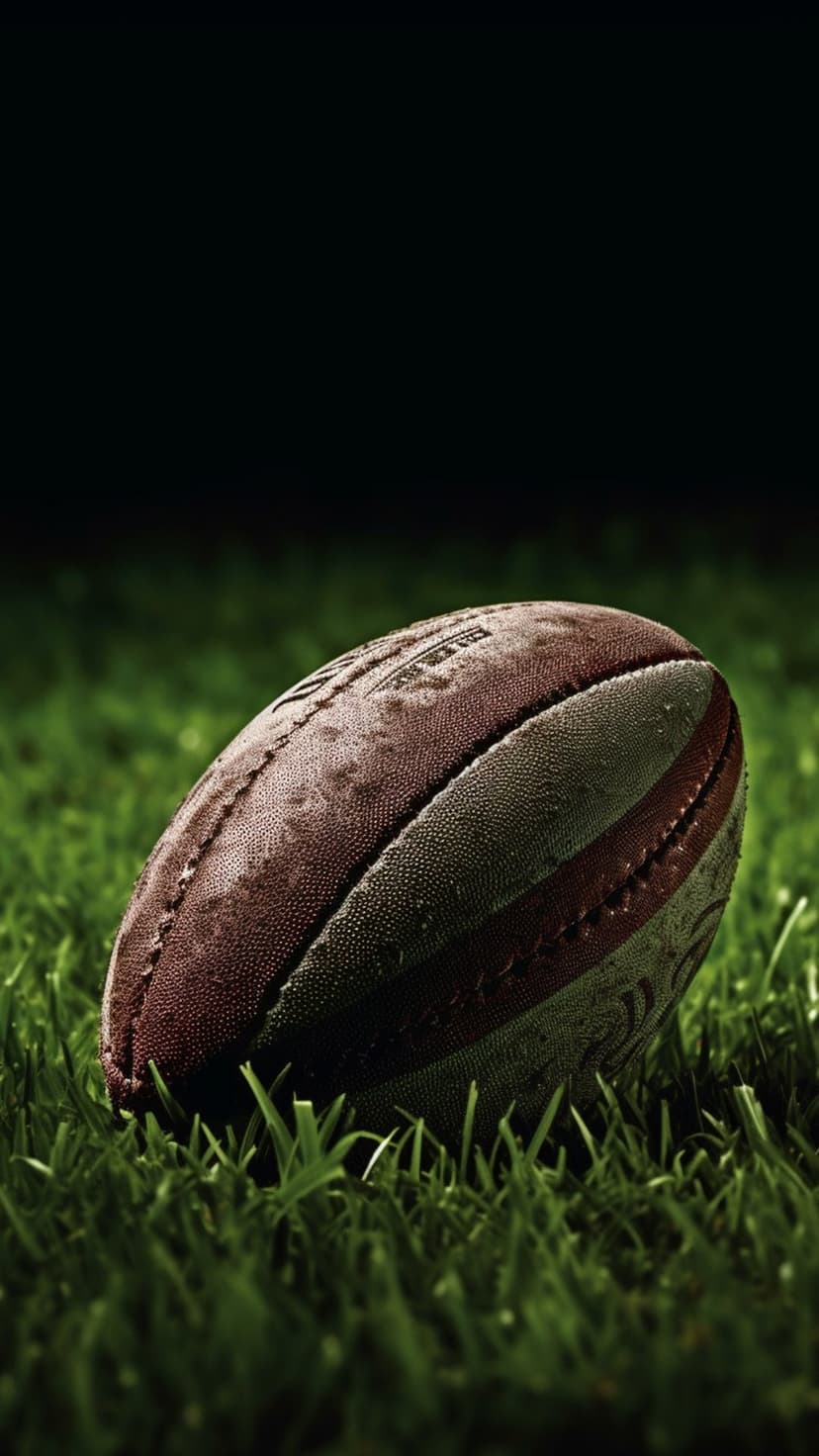 Rugby ball with visible stitching and water droplets sits on lush green grass against a dark blurred backdrop.