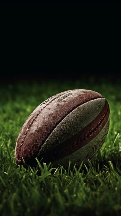 Rugby Ball on Wet Green Grass Field