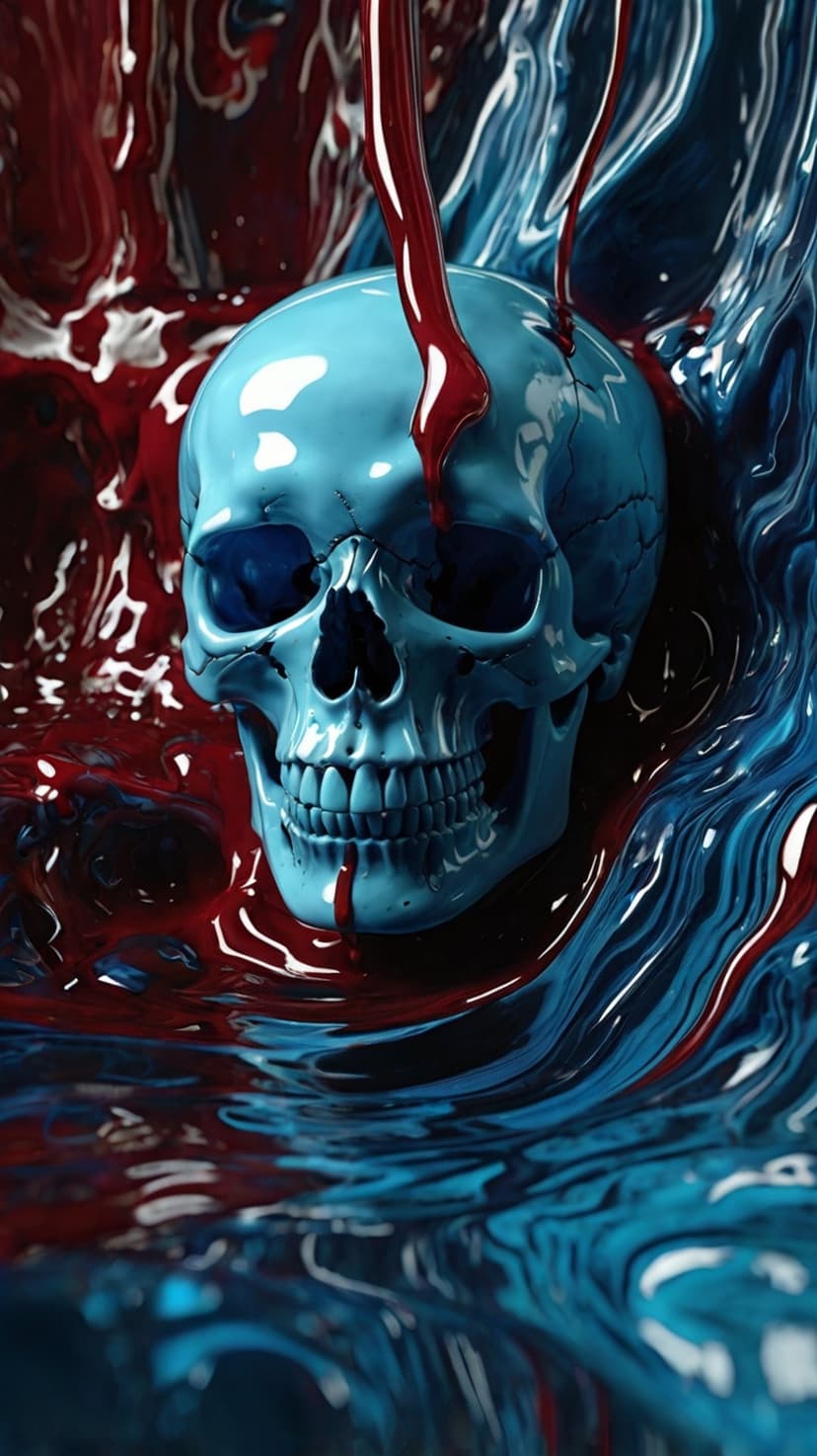 Translucent blue skull dripping with dark red blood while resting in a pool of viscous, dark swirling fluid.