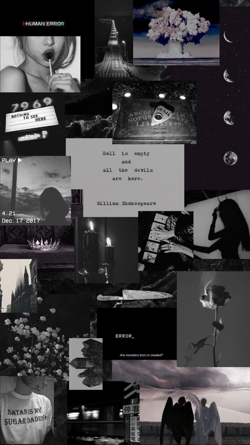 Grainy monochrome layers of cryptic text and shadowy figures compose this unsettling vertical wallpaper.