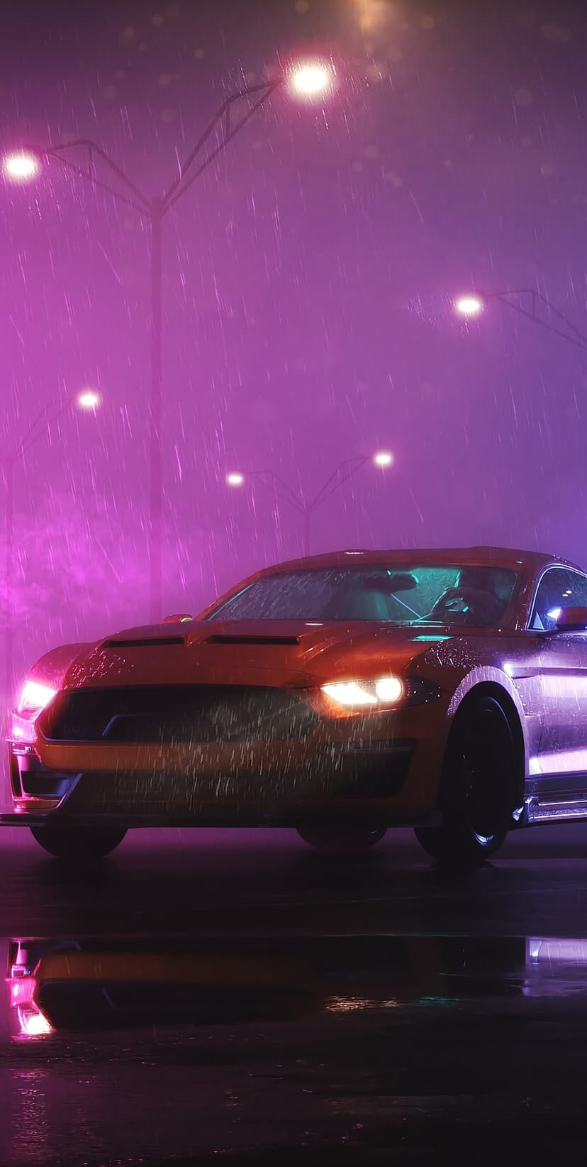 Orange Ford Mustang driving on a wet city street at night under glowing purple neon streetlights and heavy rain.