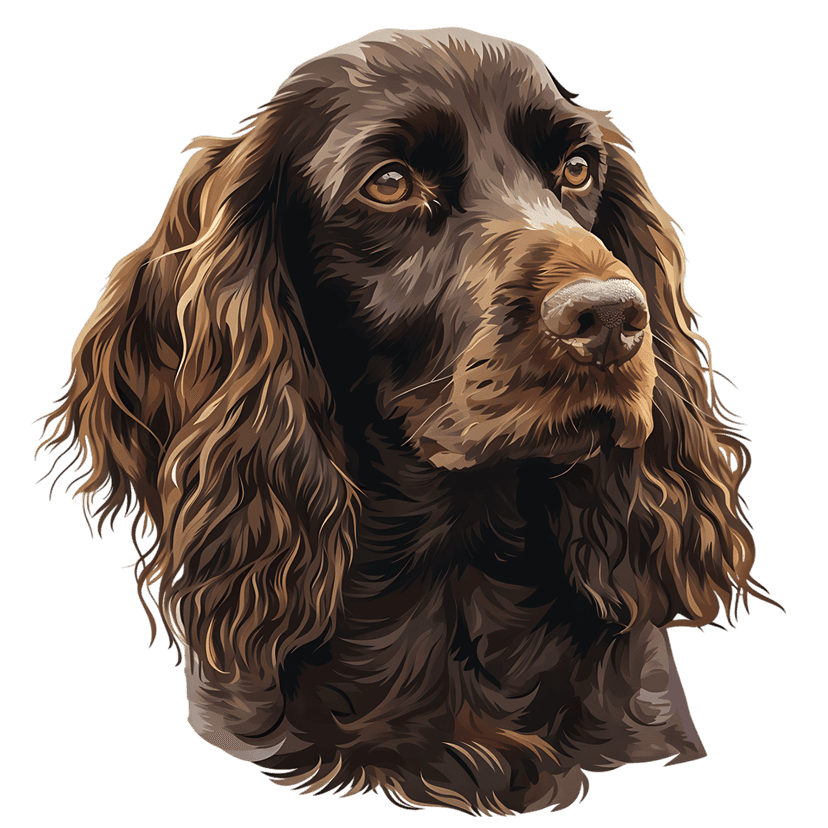 Brown Cocker Spaniel dog portrait shows detailed wavy fur and amber eyes against a solid black background.