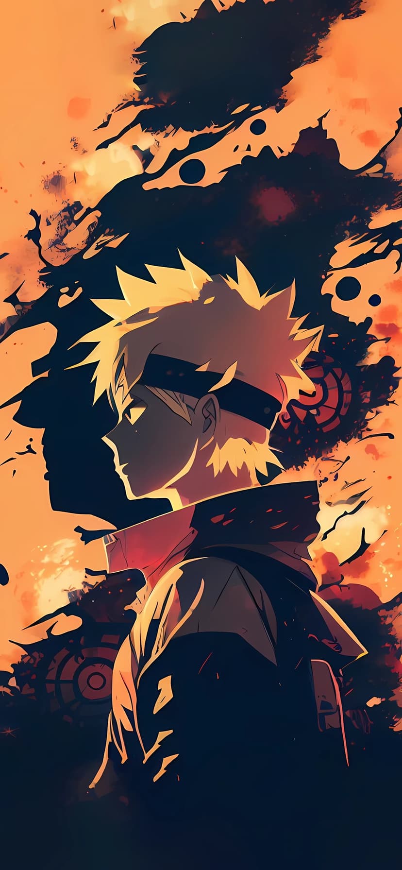 Spiky blonde hair and a black headband define this anime character's profile against orange abstract shapes.