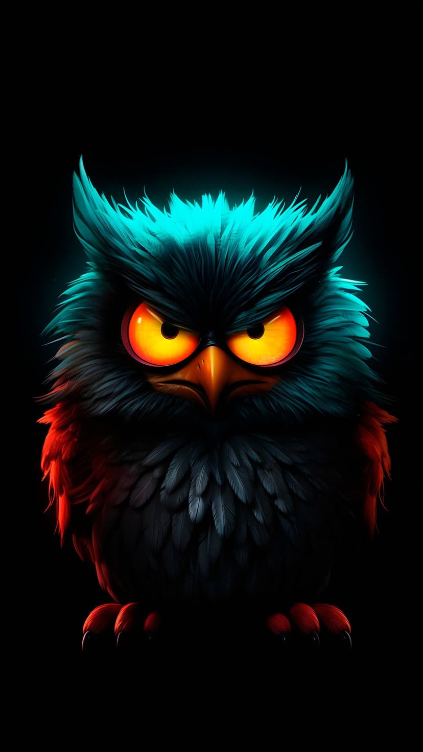 Owl with glowing orange eyes and teal feather accents gazes forward against a solid black background.