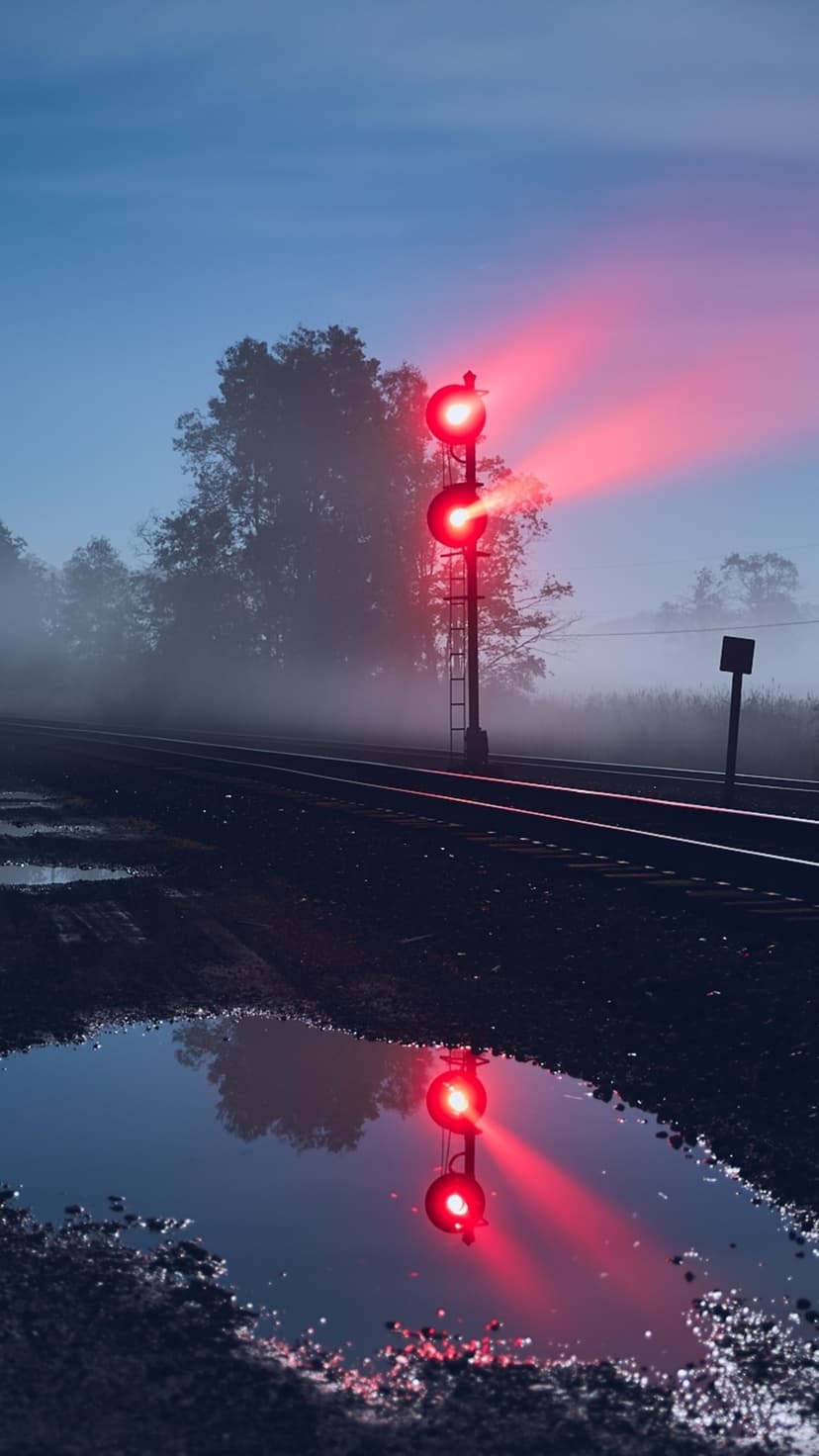 Red railway signal glows in thick fog with its light reflected in a puddle between vertical train tracks.