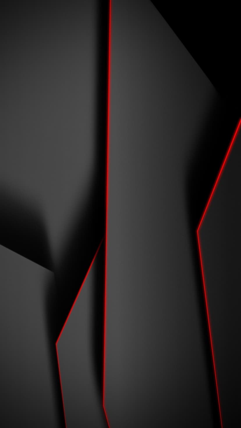 Dark gray geometric blocks with thin red glowing lines on their edges create a layered architectural pattern.