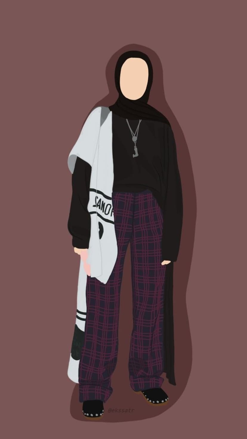 Person wearing a black hijab and maroon plaid wide-leg pants stands against a solid muted brown background.