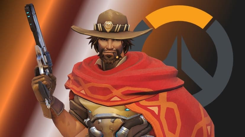 Cowboy hero Cole Cassidy holding a revolver with the Overwatch logo on an orange and black gradient background.