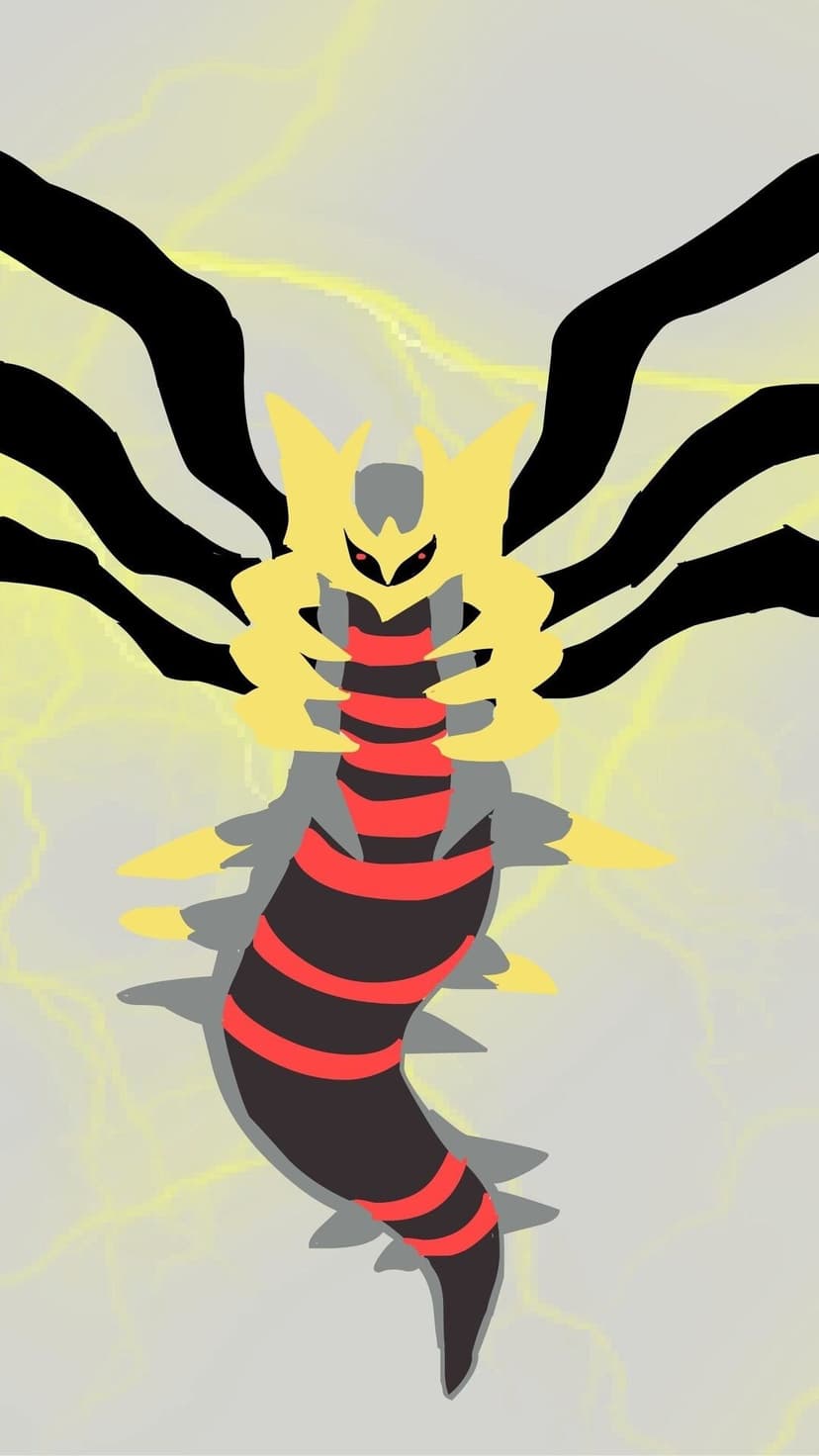 Giratina Origin Forme with black wings and red stripes against a grey background with yellow lightning.