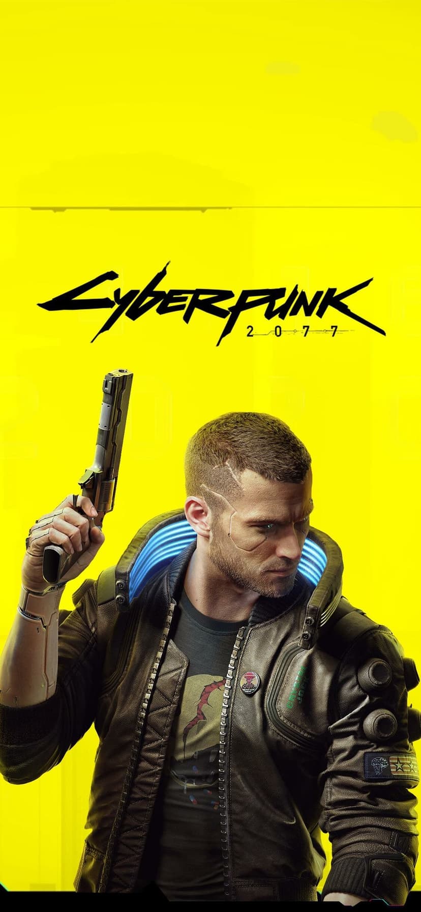 Male character V with facial cybernetics and glowing blue collar holding a pistol on yellow background.