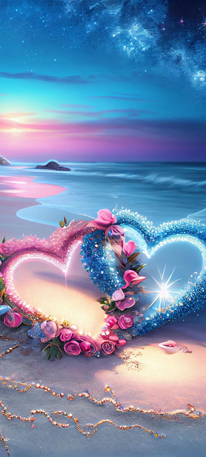 Intertwined gemstone hearts and pink roses rest on a wet shore beneath a vibrant pink and purple sunset sky.