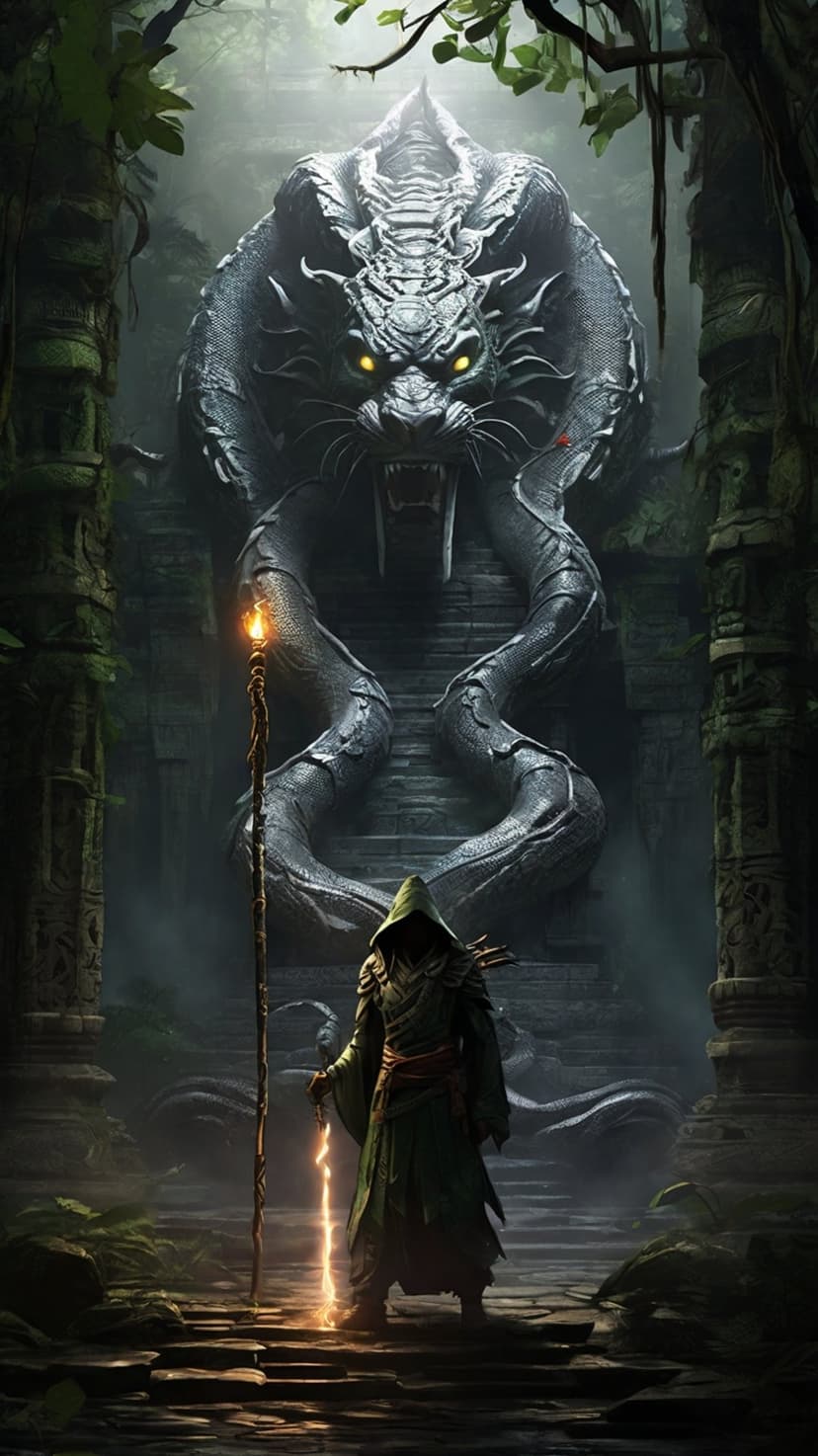 Hooded traveler holding a glowing blue staff faces a massive stone snake statue in a foggy jungle ruin.