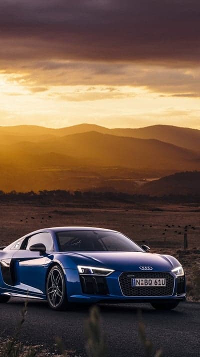 Audi R8 Sports Car Scenic Mountain Sunset Phone Wallpaper