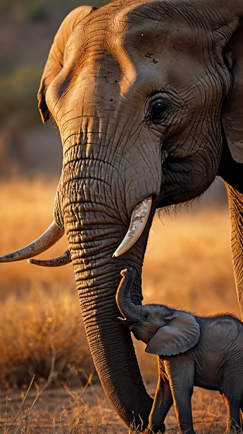 Mother elephant and calf standing in golden savanna grass during sunset with warm light reflecting on their skin.