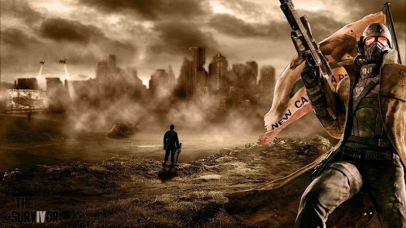 NCR Ranger holding a sniper rifle and flag overlooking a ruined city with a vault dweller in a sepia wasteland.