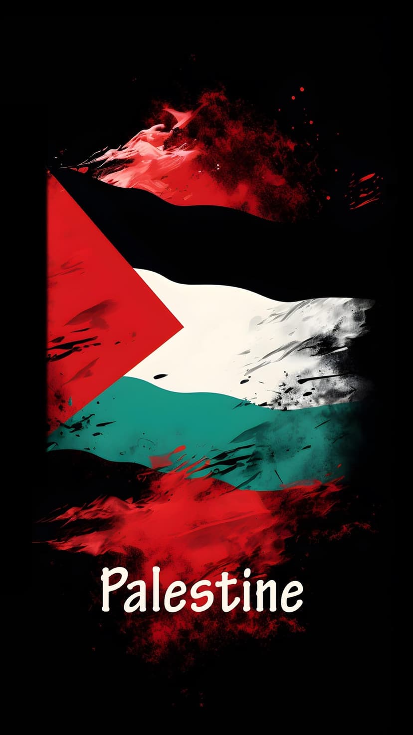 Palestinian flag with red paint splatters and a weathered grunge texture set against a dark black background.