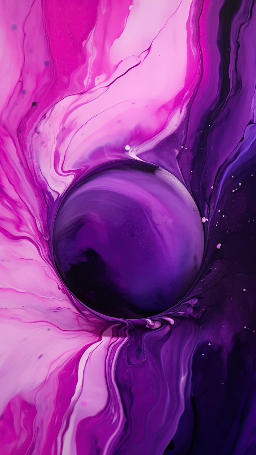Swirling pink and purple fluid patterns revolve around a dark central orb with fine white speckles and flowing lines.