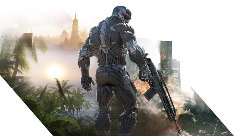 Nanosuit soldier with a rifle standing between a tropical jungle and a burning New York City urban landscape.