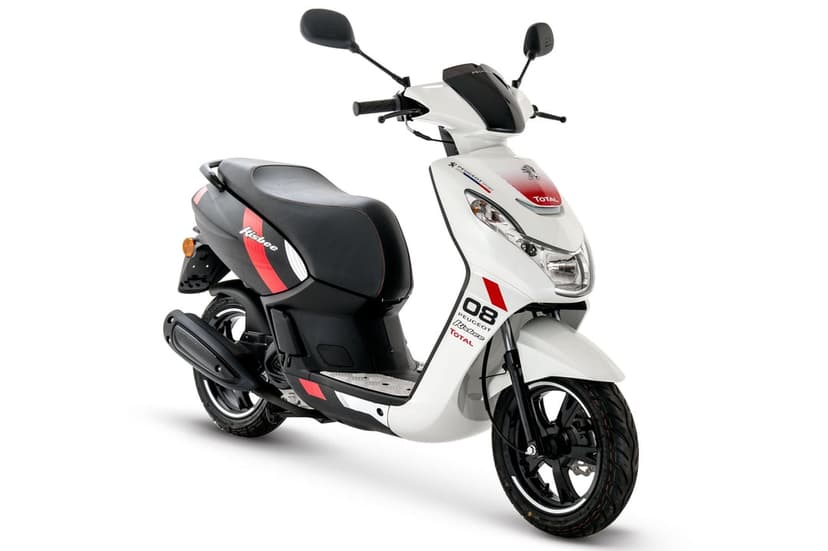 White Peugeot Kisbee scooter with red and black racing decals and sport graphics on a white background.
