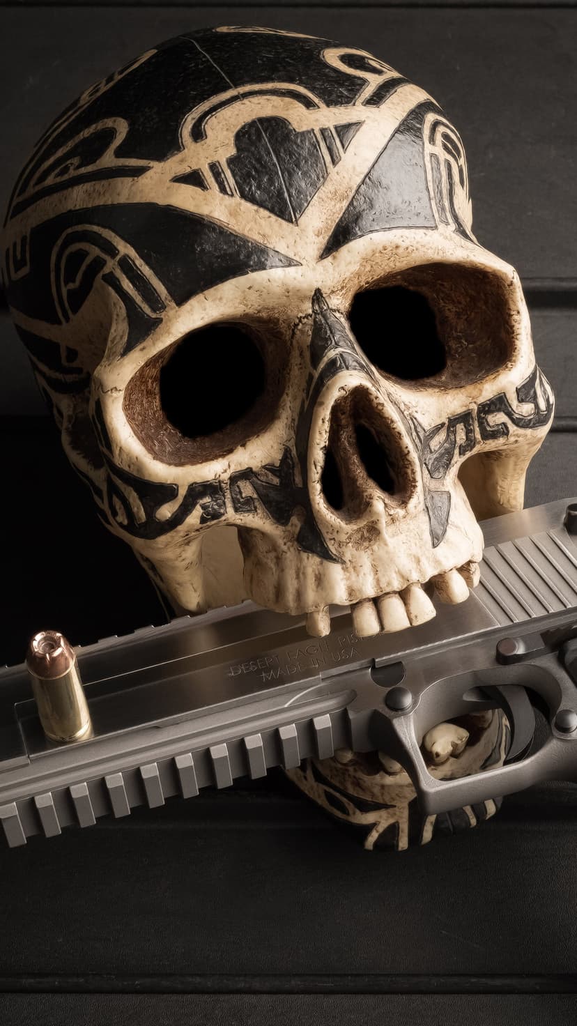 Etched skull with black tribal markings sits above a metallic silver pistol and a single bullet on a dark surface.