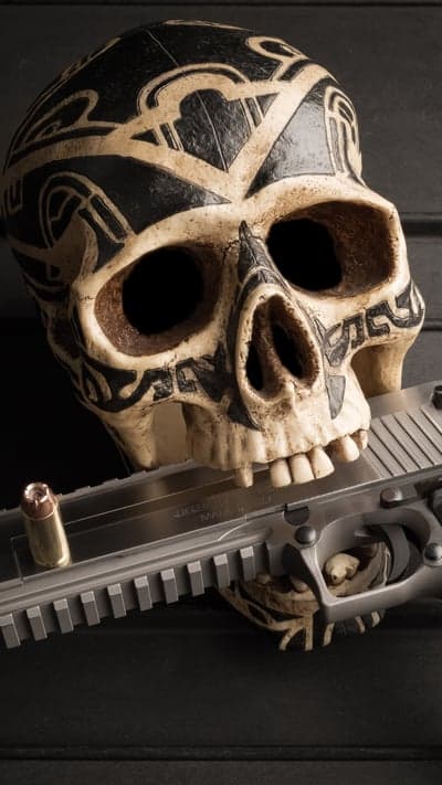 Ornate Tattooed Skull and Chrome Handgun Mobile Backdrop