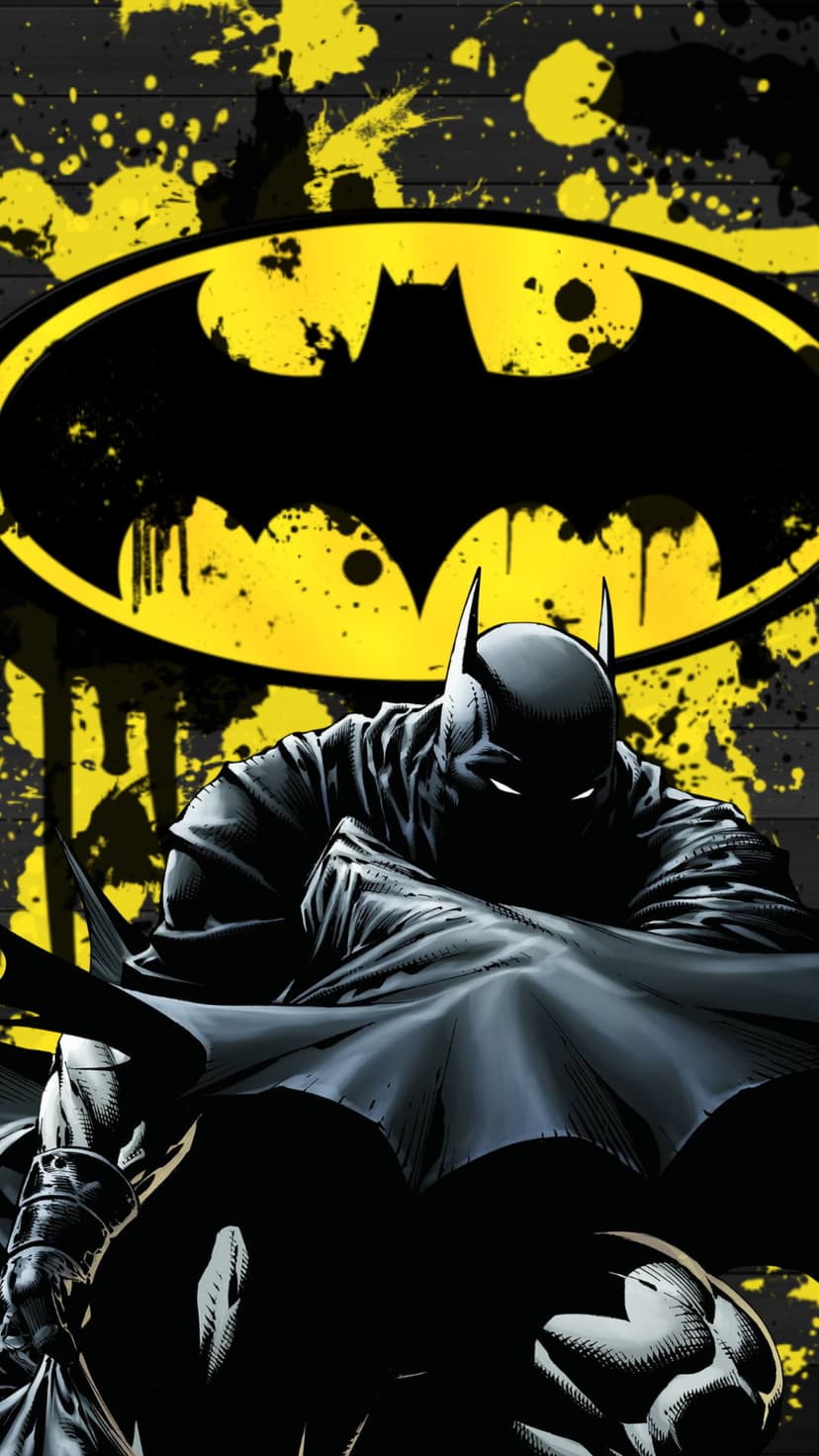 Batman in a black tactical suit stands centered before a vibrant yellow and black abstract ink splatter.