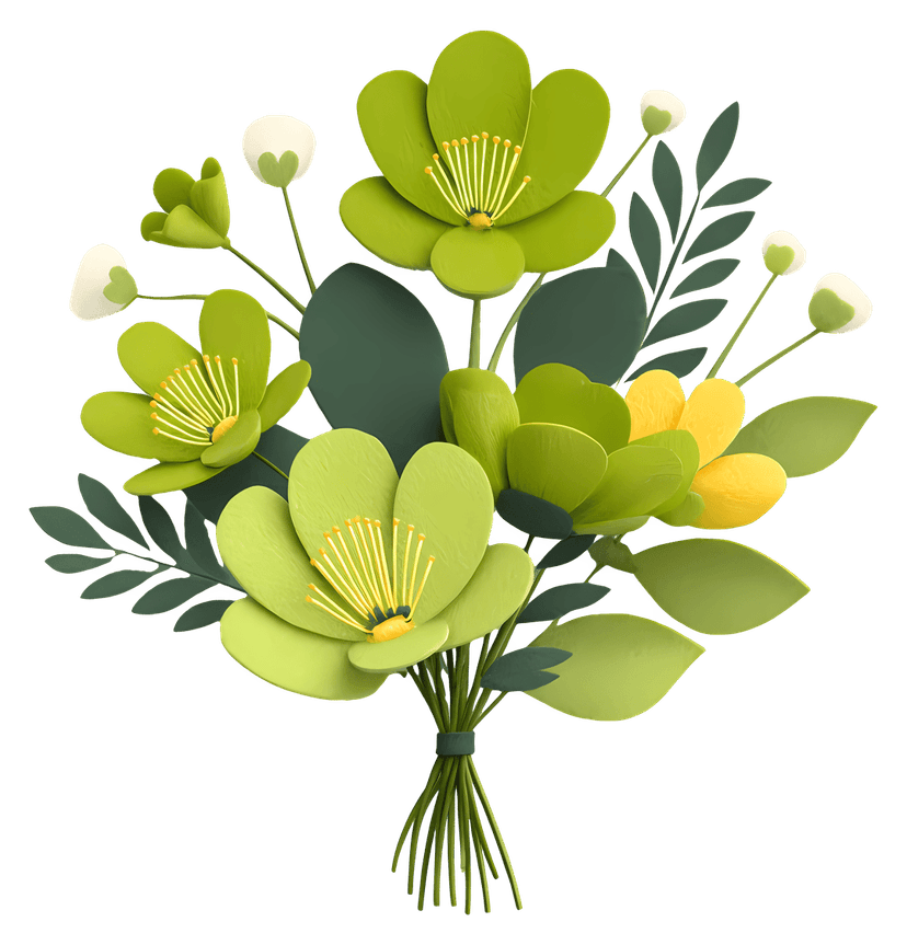 Green flower bouquet illustration featuring rounded lime petals and dark emerald leaves in a flat vector style.