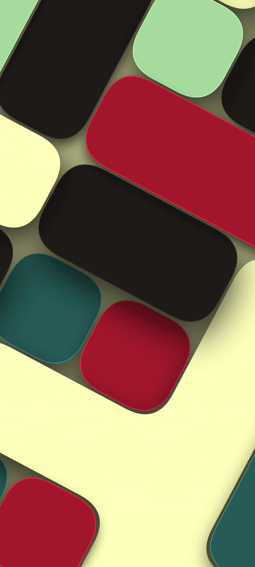 Rounded rectangular shapes in red, teal, and black overlap with soft shadows on a textured yellow background.