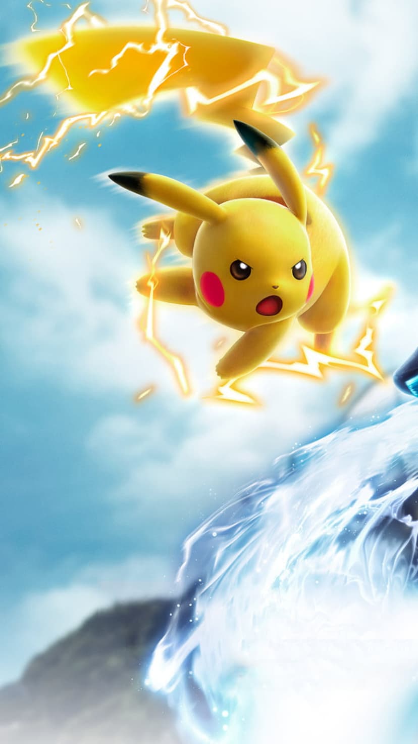Pikachu emits yellow lightning bolts while battling a blue icy vortex against a mountain and cloud backdrop.