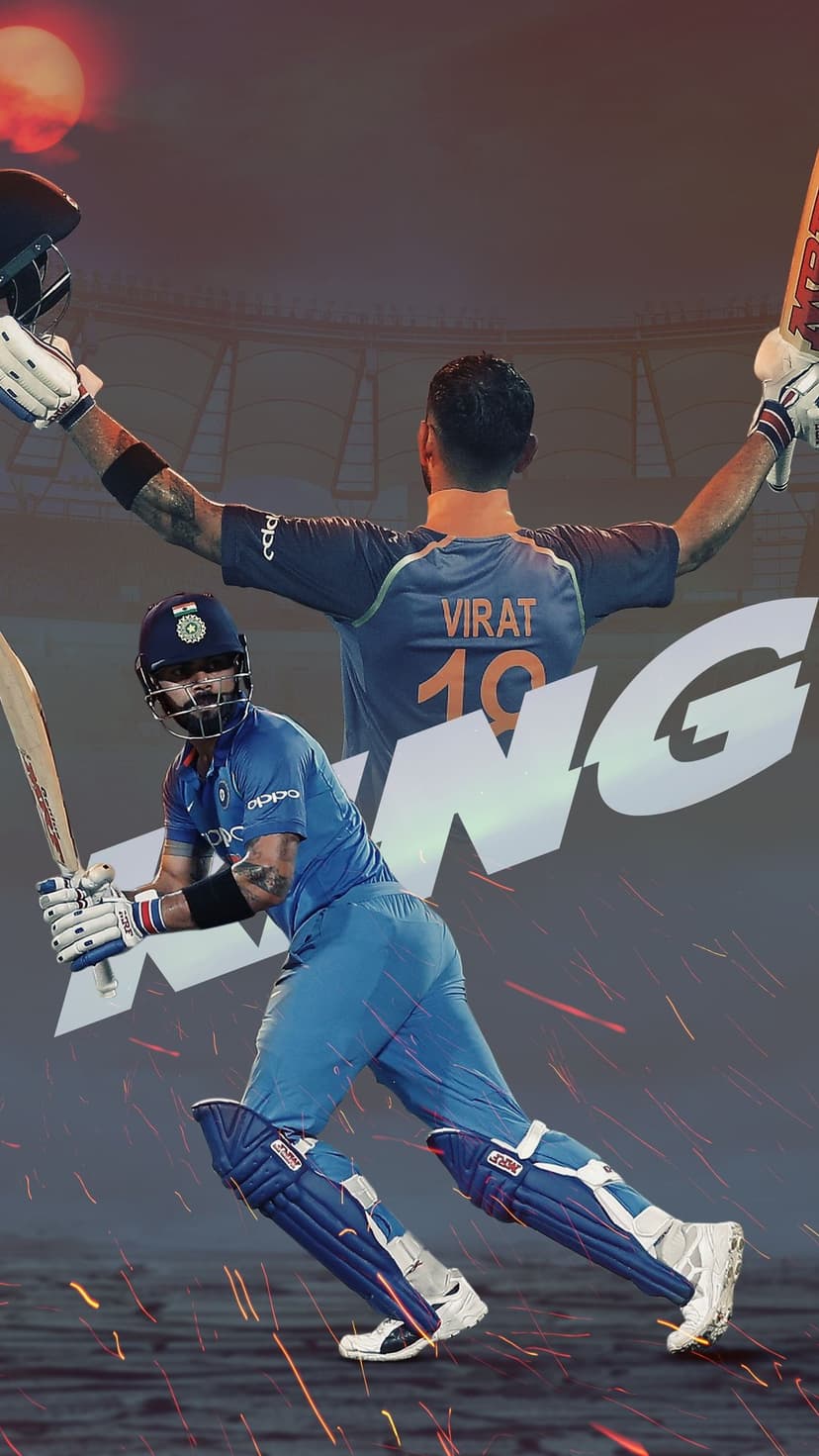 Virat Kohli in a batting stance and victory pose with arms raised against a fiery stadium sunset background.