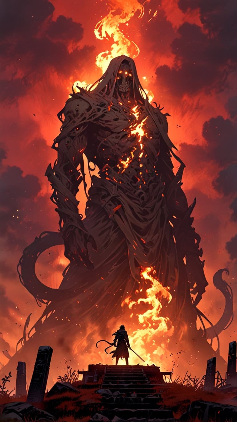 Colossal winged demon wreathed in orange flames towers over a lone knight holding a sword in a smoky wasteland.