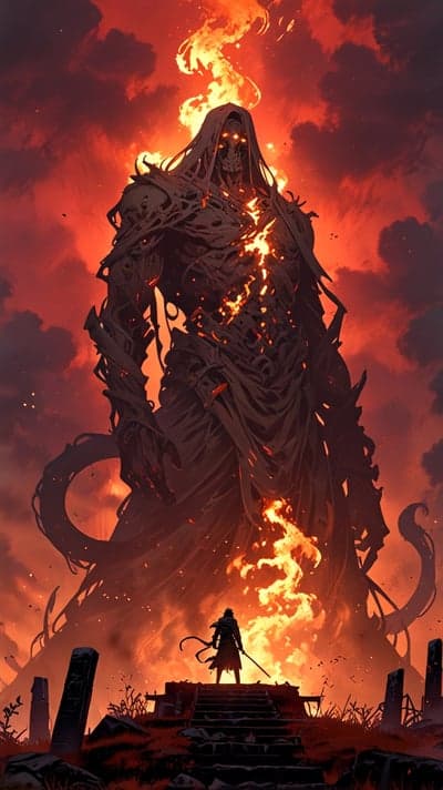Giant Fiery Demonic Figure Confronts Lone Warrior