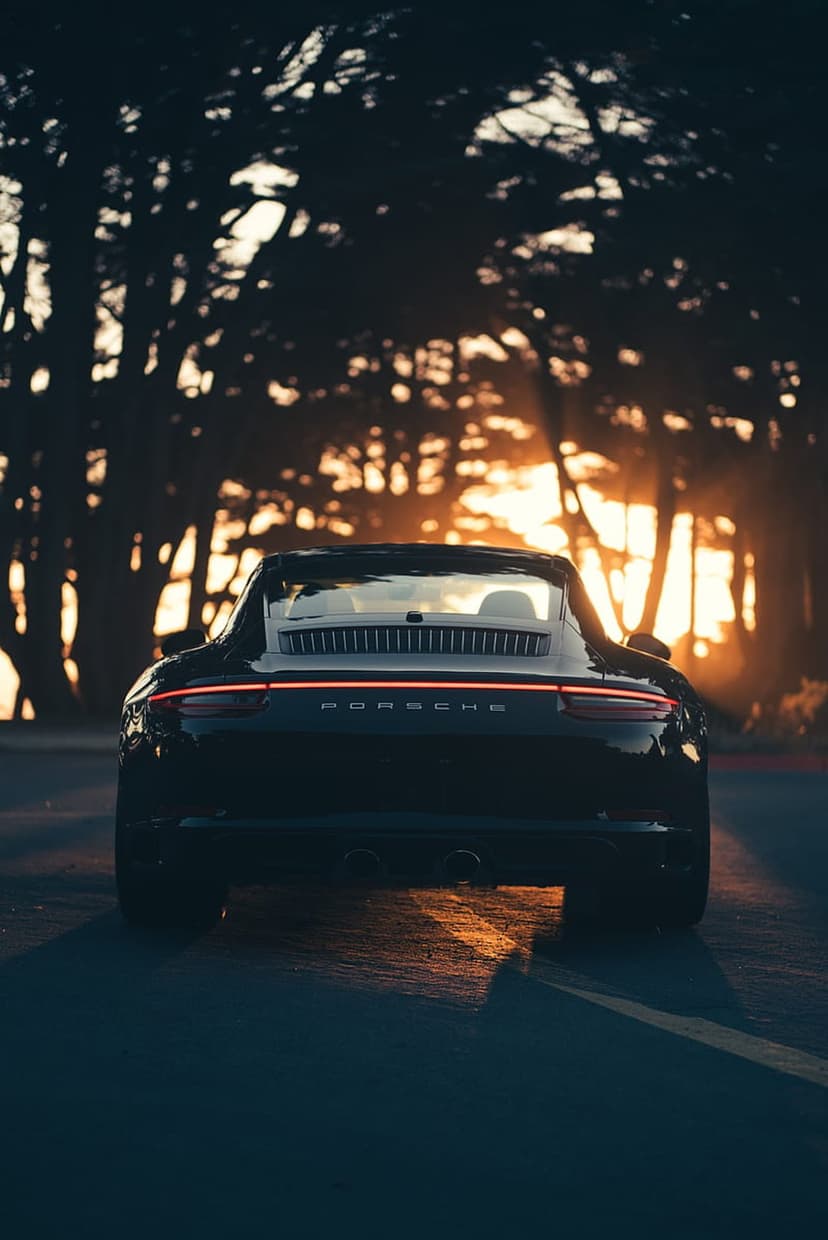 Porsche 911 rear view on a forest road with golden sunset light rays shining through trees and red taillights.