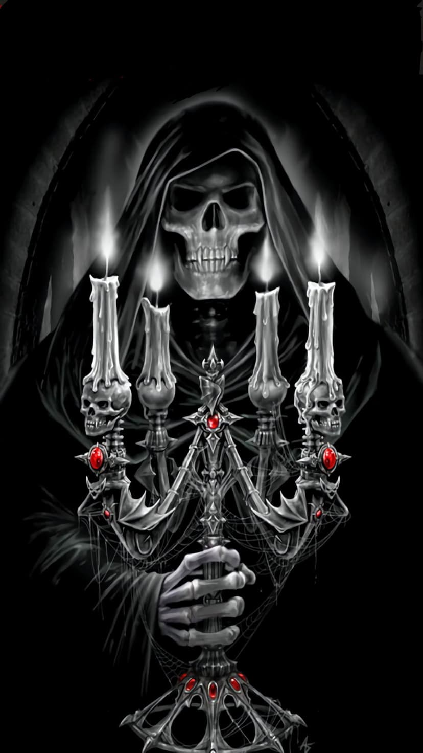 Grim Reaper with a skeletal face holds a skull candelabra featuring red jewels and four lit candles.
