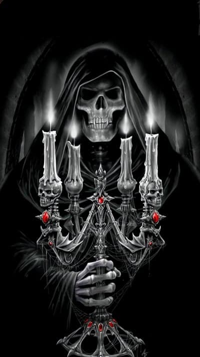 Grim Reaper holding a skull candelabra with burning candles
