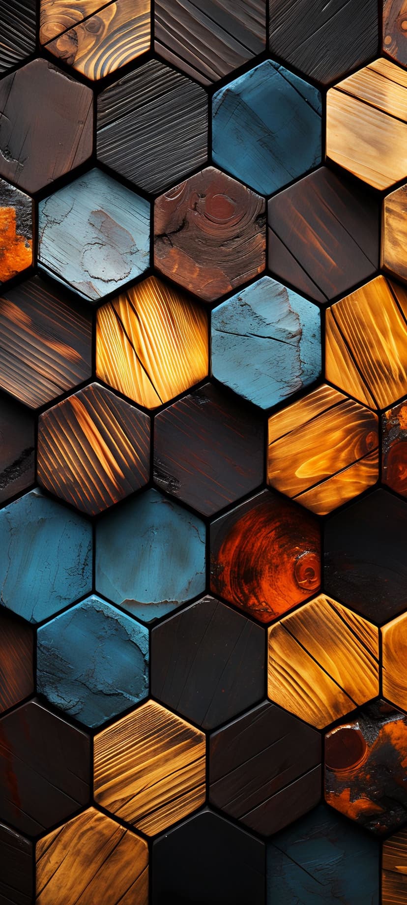 Hexagonal wooden tiles with diverse grain patterns and teal paint splatters create a tactile mosaic surface.