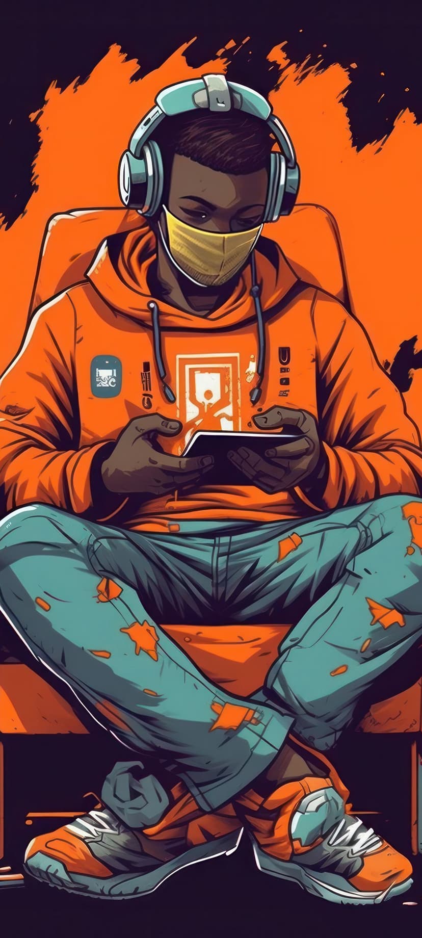 Black person in an orange hoodie and teal headphones sits cross-legged while playing on a glowing tablet device.