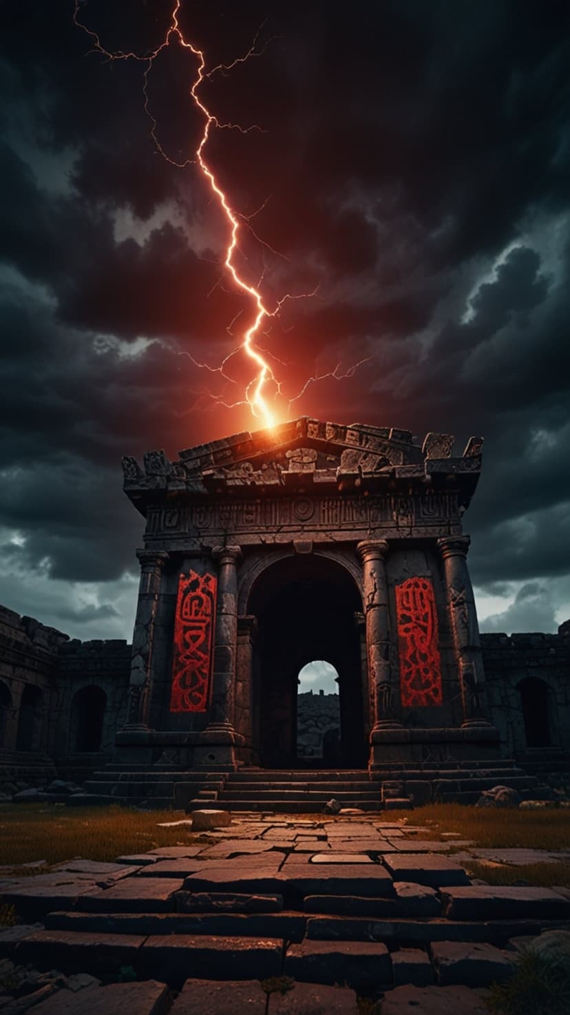 Jagged lightning bolts illuminate ancient stone ruins with red banners under a dark, swirling thunderstorm sky.