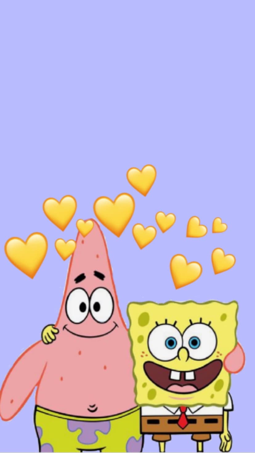 SpongeBob SquarePants and Patrick Star hug against a light purple backdrop featuring floating yellow heart icons.