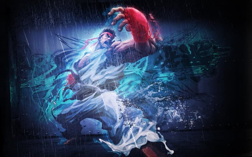 Ryu in a fighting stance with blue energy and red gloves against a dark rainy background with Tekken graffiti.
