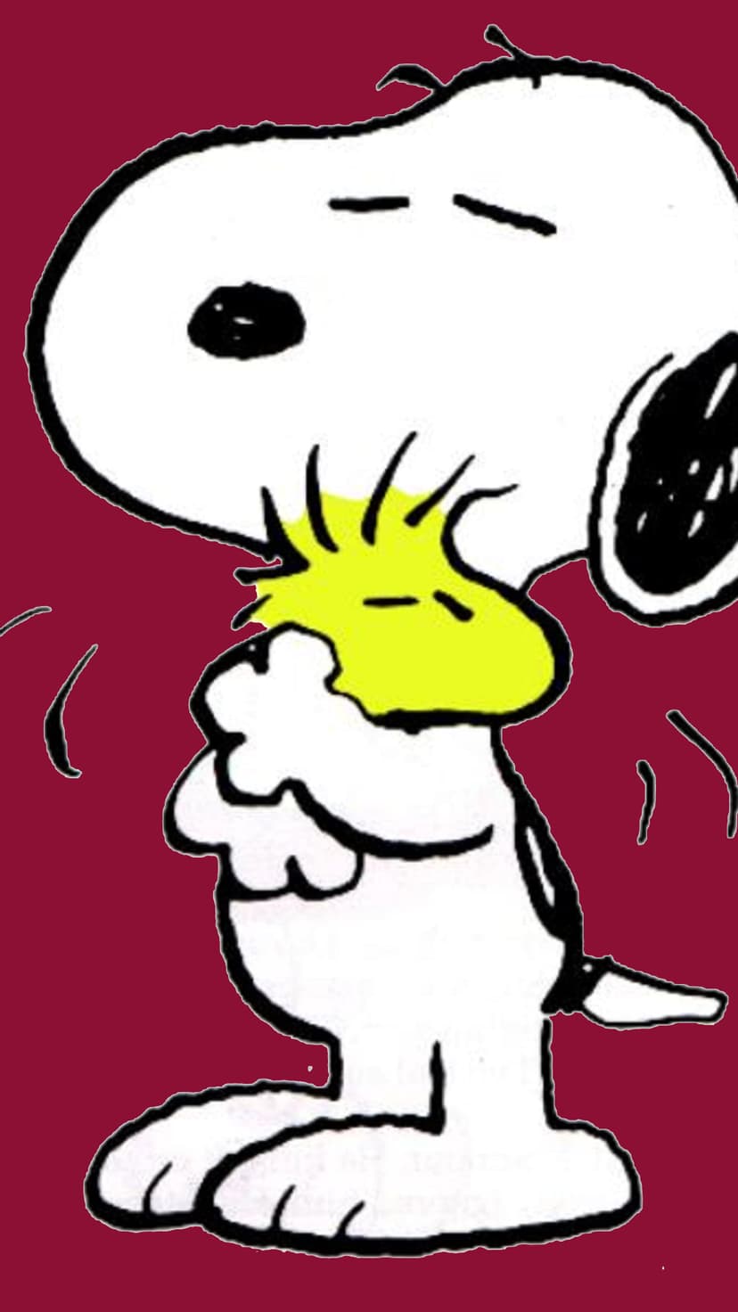 Snoopy the white beagle hugs Woodstock the yellow bird against a solid dark red background in a vertical layout.